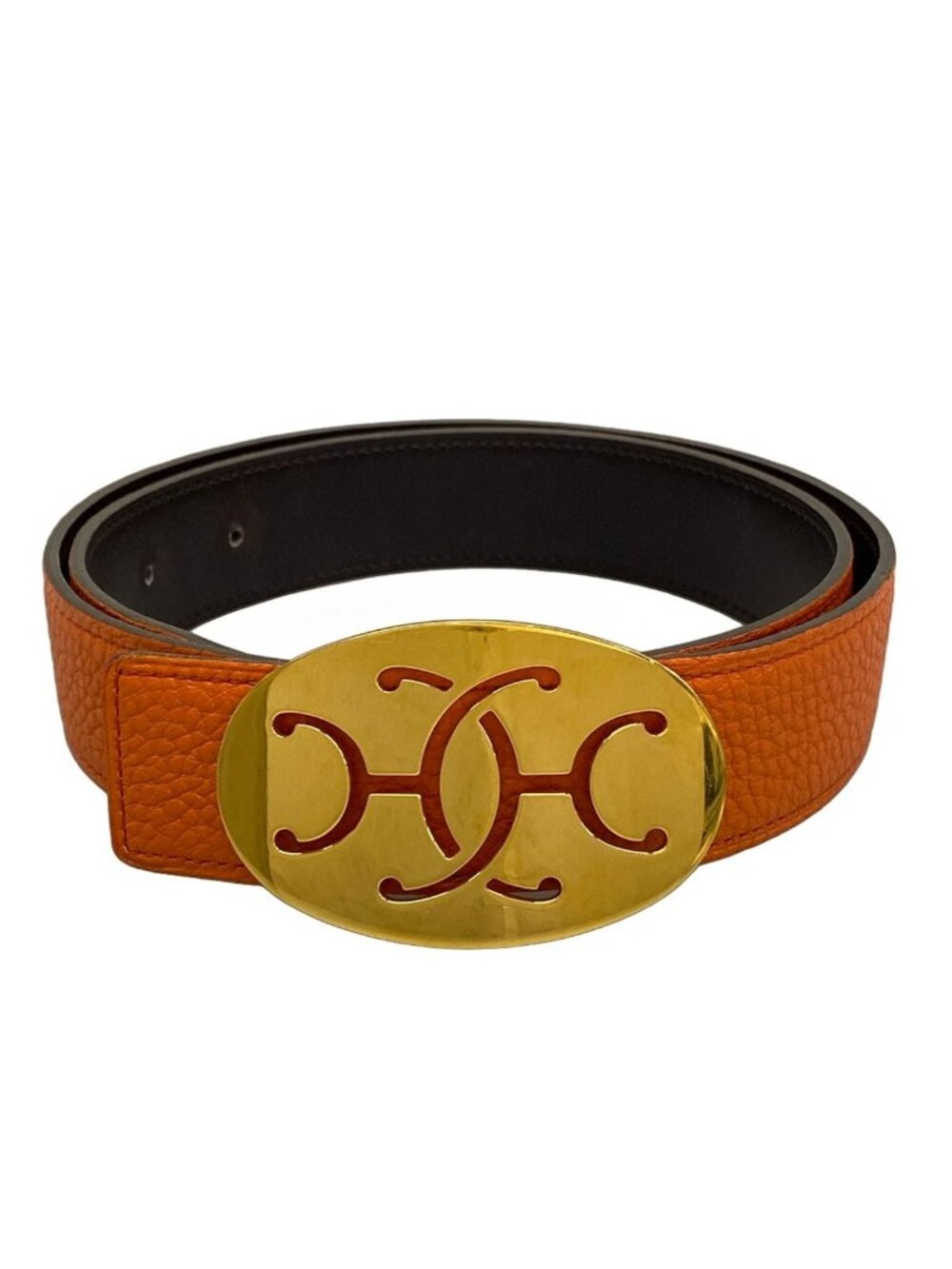 Hermes Belt 75 Orange Dark Brown Gold 75 Double Logo Reversible